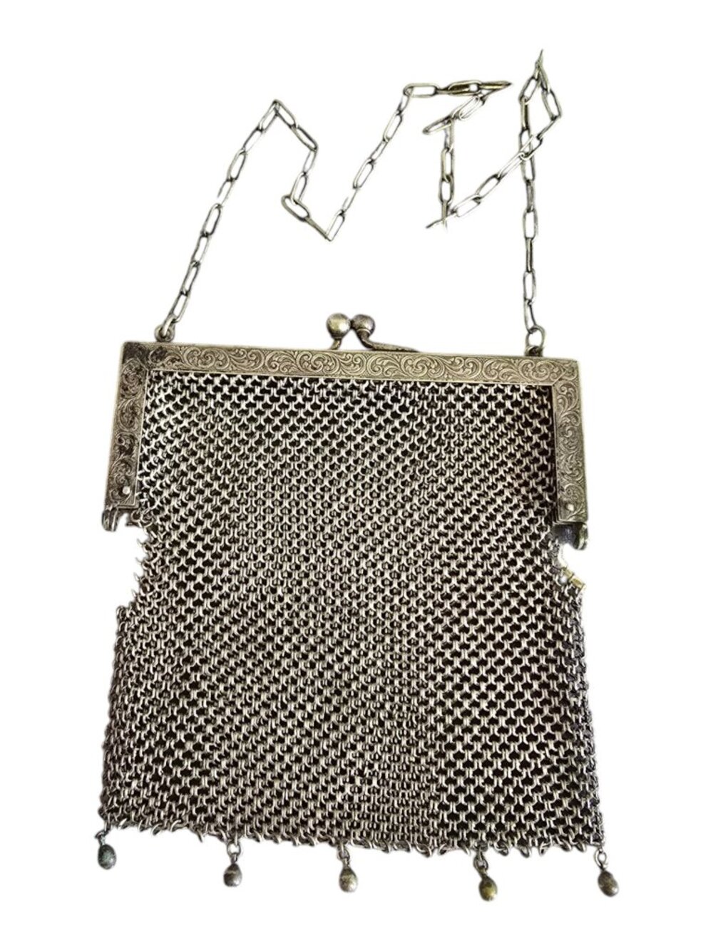 Antique German Silver Mesh / Chainmail Metal Kiss Clasp Purse 130g For Repair